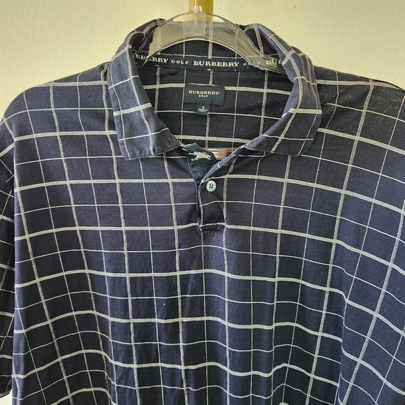 Burberry Golf Polo Shirt Mens Size Large Navy Blue Windowpane - Picture 2 of 7